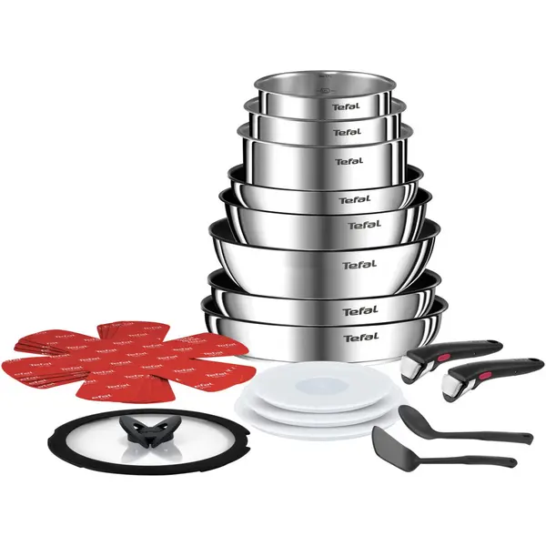 Tefal Set 20 piese Tefal Ingenio Emotion, oale 16/18/20 cm, tigai 22/24/26/28 cm, wok 26 cm, 2 manere, 2 ustensile, 3 capace ermetice 16/18/20 cm, capac sticla 24 cm, 4 protectii, inductie, inox, argintiu