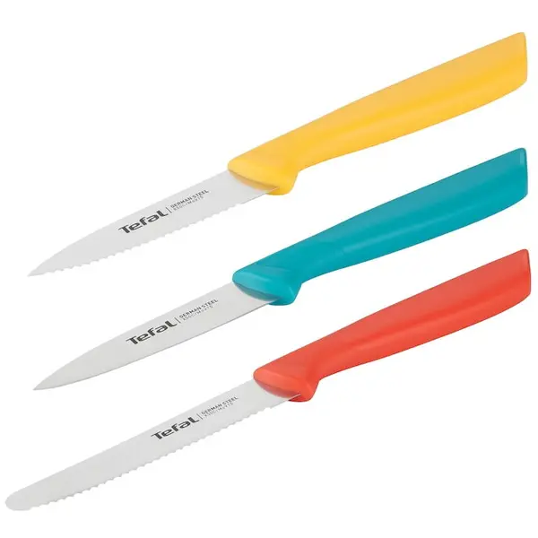 Tefal Set 3 cutite Tefal Colorfood, lama otel inoxidabil, 8 cm / 10 cm, galben/portocaliu/albastru