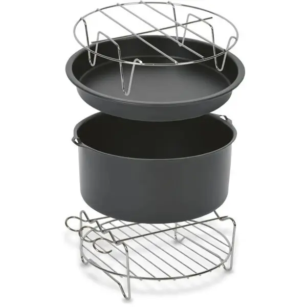 Tefal Set 4 accesorii 20 cm friteuze Easy Fry XXL Tefal XA113010, tava pizza, vas copt, gratar friptura, suport frigarui, inox si strat antiaderent, Negru