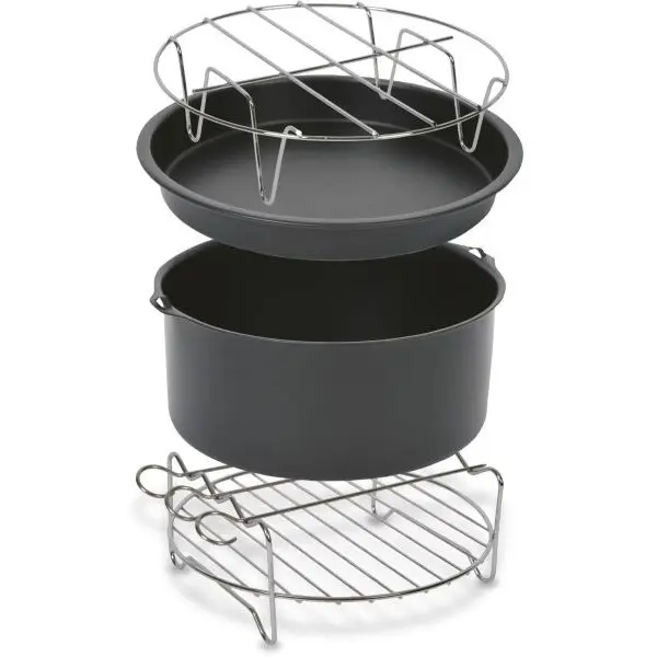 Tefal Set 4 accesorii Tefal Easy Fry XL XA112010 pentru friteuza Tefal EY11xx, EY13xx, EY50xx, inox si strat antiaderent, tava pizza, vas copt, gratar friptura, suport frigarui, negru