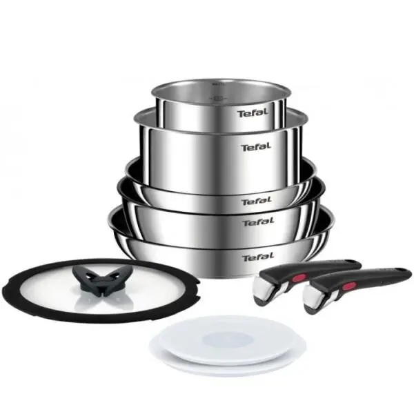 Tefal Set de 10 piese Tefal Ingenio Emotion, tigaie 22/26 cm, cratita 24 cm, craticioare 16/20 cm, capac ermetic 16/20 cm, 2 manere detasabile, capac sticla 24 cm