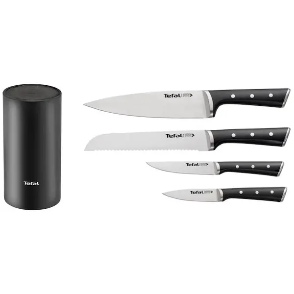 Tefal Set de 4 cutite cu suport Tefal Ice Force, cutite universale de 20 si 11 cm, cutit paine 20 cm, cutit curatare 9 cm, inox, compatibil cu masina de spalat vase, negru
