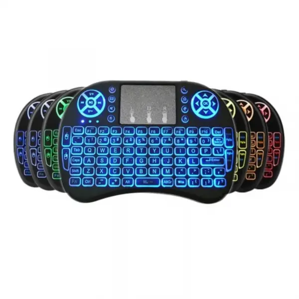 Telecomanda wireless QWERTY cu mini tastatura STAR i8, 2.4G, Iluminare LED 7 culori, Air mouse, Touch pad, Negru