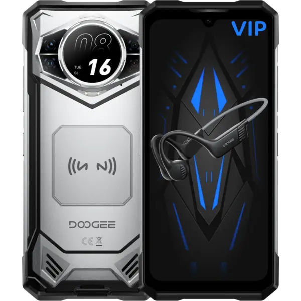 Telefon Doogee S200 VIP 5G Dual Display 6.58 IPS 120Hz 1.32 AMOLED 256GB 10100mAh IP68 IP69K Android 16 Silver + Casti Wireless BoneBeat Run