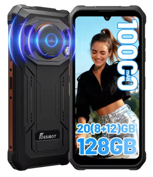 Telefon Mobil FOSSiBOT F110 Pro, Portocaliu, 6.745 HD+, 20GB RAM (8GB + 12GB Extensibili), 128GB ROM, Android 15, Dimensity 6300, 50MP, 10000mAh, 20W, NFC, Face ID, ToolKit, Difuzor 128dB, Dual SIM