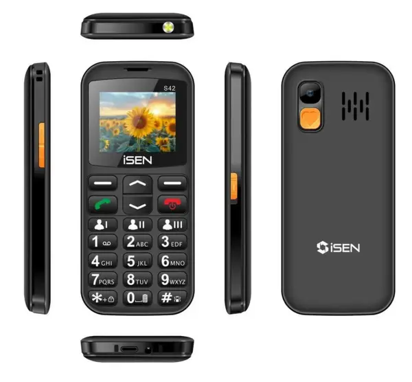 Telefon mobil iSEN S42 SENIOR, Negru, Display 2.0 , GSM, USB Type-C, Bluetooth, Camera, Lanterna, FM Radio fara cablu, Baterie 1800mAh, Buton SOS, Negru, Dual SIM