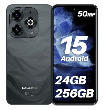 Telefon Mobil LAGENIO A11 Pro, Negru, 4G, 6.7 HD+ 120Hz, 24GB RAM (8GB + 16GB Extensibili), 256GB ROM, 50MP, Android 15, Unisoc T7250, OTG, Jack, FaceID, 5150mAh, Dual SIM