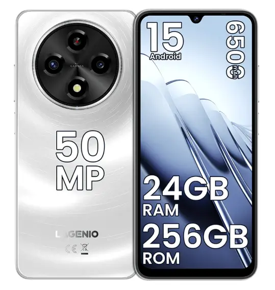 Telefon Mobil LAGENIO A12 Pro, Alb, 4G, 6.9 HD 120Hz, 24GB RAM (8GB + 16GB Extensibili), 256GB ROM, 50MP, Android 15, Unisoc T7250, OTG, Jack, FaceID, Gemini AI, 6500mAh, Dual SIM