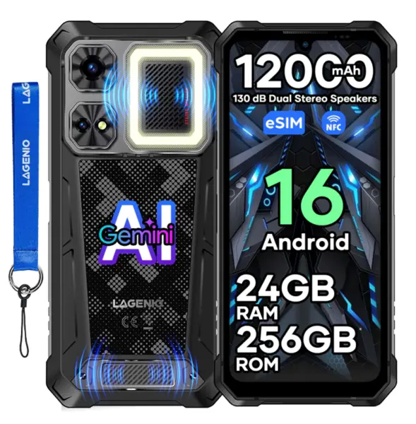 Telefon Mobil LAGENIO Rhino 1 Pro, Negru, 4G, eSIM , 6.9 HD+ 120Hz, 24GB RAM (8GB + 16GB Extensibili), 256GB ROM, 64MP, Android 16, Unisoc T7250 , NFC , OTG, 12000mAh, 33W, Dual SIM