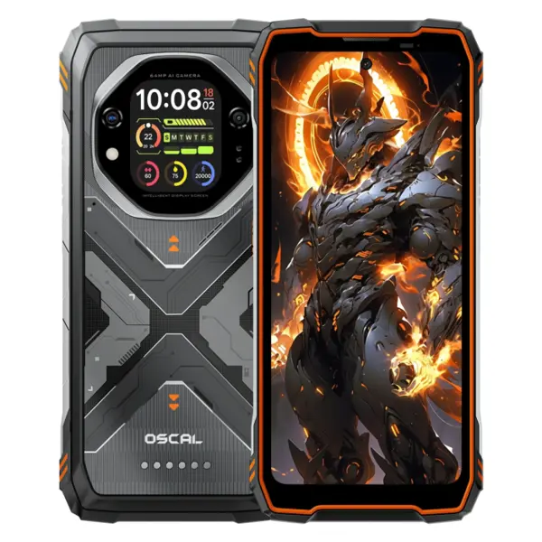 Telefon mobil Oscal Tank 1, Portocaliu, 5G, 6.78 IPS, 48GB RAM (16GB + 32GB Extensibili), 512GB ROM, DokeOS 4.2, Dimensity 7050, Ecran spate 2.01 , Night Vision, NFC, AI Apps, 20000mAh, 55W, Dual SIM