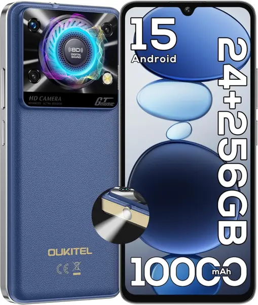 Telefon Mobil OUKITEL C60 Pro, Albastru, 4G, 6.88 HD+, 24GB RAM (8GB + 16GB Extensibili), 256GB ROM, 13MP, Android 15, Unisoc T606, Difuzor 110dB, Lanterna 120LM, 10000mAh, 18W, Nano SIM