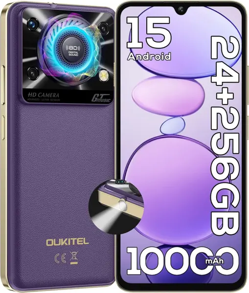Telefon Mobil OUKITEL C60 Pro, Mov, 4G, 6.88 HD+, 24GB RAM (8GB + 16GB Extensibili), 256GB ROM, 13MP, Android 15, Unisoc T606, Difuzor 110dB, Lanterna 120LM, 10000mAh, 18W, Nano SIM