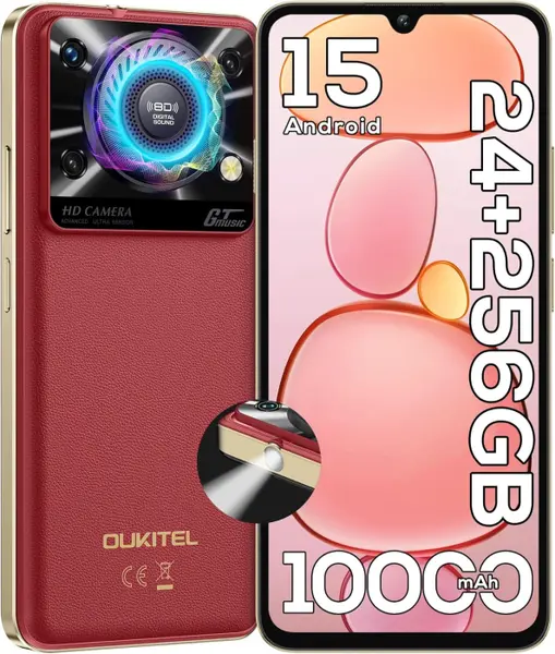 Telefon Mobil OUKITEL C60 Pro, Rosu, 4G, 6.88 HD+, 24GB RAM (8GB + 16GB Extensibili), 256GB ROM, 13MP, Android 15, Unisoc T606, Difuzor 110dB, Lanterna 120LM, 10000mAh, 18W, Nano SIM