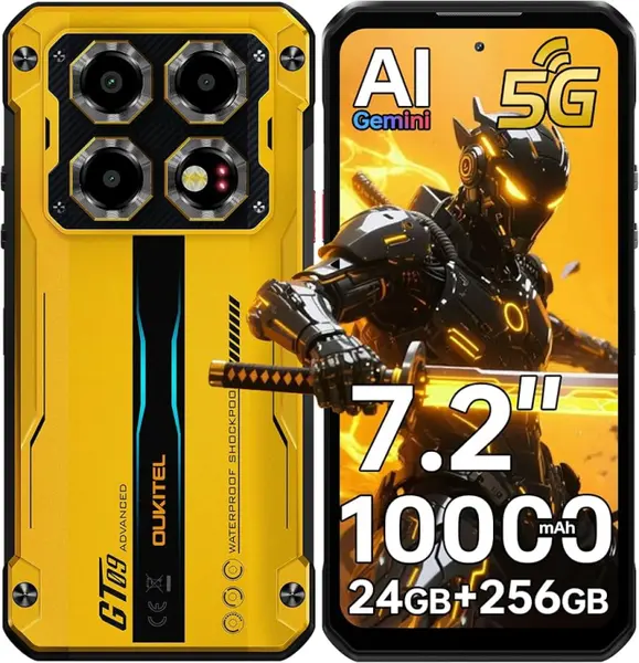 Telefon Mobil Oukitel WP60, Galben, 5G, 7.2 HD 120Hz, 24GB RAM (8GB + 16GB Extensibili), 256GB ROM, Android 15, Dimensity 7025, 108MP, Night Vision, NFC, Face ID, 10000mAh, 33W, Dual SIM