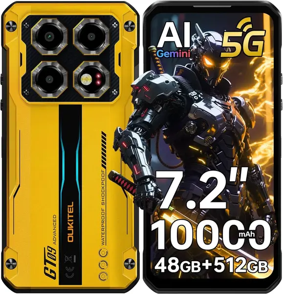Telefon Mobil Oukitel WP60, Galben, 5G, 7.2 HD 120Hz, 48GB RAM (16GB + 32GB Extensibili), 512GB ROM, Android 15, Dimensity 7025, 108MP, Night Vision, NFC, Face ID, 10000mAh, 33W, Dual SIM