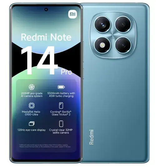 Telefon Mobil Xiaomi Redmi Note 14 Pro 4G, Procesor Mediatek Helio G100 Ultra Octa-Core, AMOLED 6.67inch, 12GB RAM, 512GB Flash, Camera Tripla 200+8+2 MP, Wi-Fi, 4G, Dual Sim, Android (Albastru)