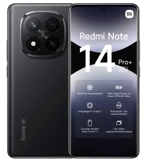 Telefon Mobil Xiaomi Redmi Note 14 Pro+, Procesor Qualcomm SM7635 Snapdragon 7s Gen 3 Octa-Core, AMOLED 6.67inch, 12GB RAM, 512GB Flash, Camera Tripla 200+8+2 MP, Wi-Fi, 5G, Dual Sim, Android (Negru)