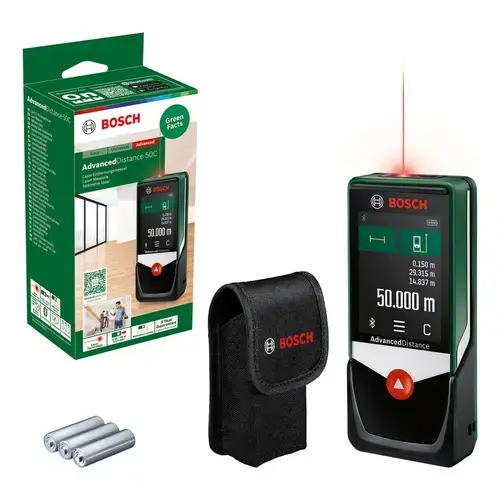 Telemetru digital cu laser Bosch Advanced Distance 50C 0603672202, 50 m domeniu masurare, ± 2 mm/m precizie, 0.5 s timp masurare, clasa laser 2, Bluetooth, 3 x 1.5 V LR03, geanta depozitare