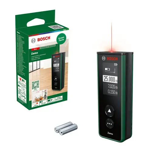 Telemetru digital cu laser Bosch Zamo 0603672900, 25 m domeniu masurare, ± 2 mm/m precizie masurare, 0.5 s timp masurare, clasa laser 2, 2 x 1.2 V HR03