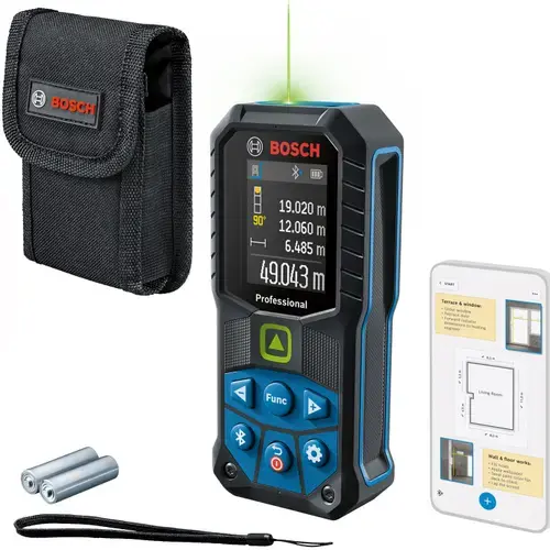 Telemetru profesional cu laser verde Bosch 0601072U00, 515 nm, ± 1.5 mm precizie, IP 65, Bluetooth 4.2, 2 baterii de 1.5 V (AA), husa de protectie, curea de transport