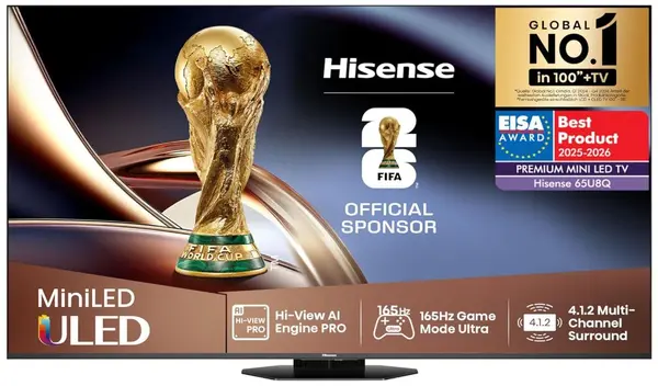 Televizor smart Hisense - 65U8Q, 65'', ULED MiniLED, 4K, 165Hz, HDR10+, Dolby Vision-Atmos, negru