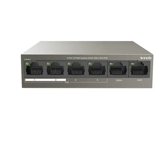 tenda Switch desktop Tenda TEF1106P-4-63W cu 6 porturi 10/100Mbps, cu 4 porturi PoE, protectie fulger 6kV