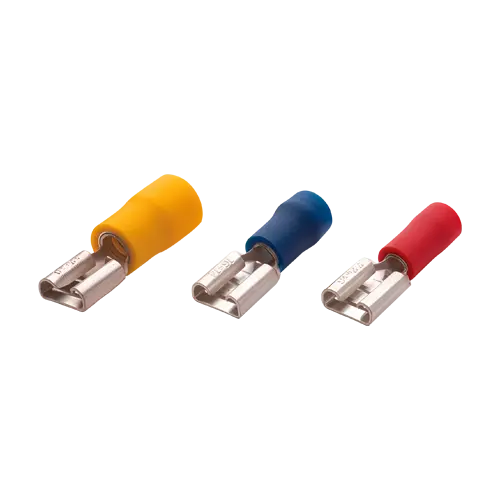 Terminale izolate tip mamă, secțiune 0.5-1.5 mm², soclu 0.8×2.8 mm, manșon roșu, set 200 buc. Plastim PFD-1288