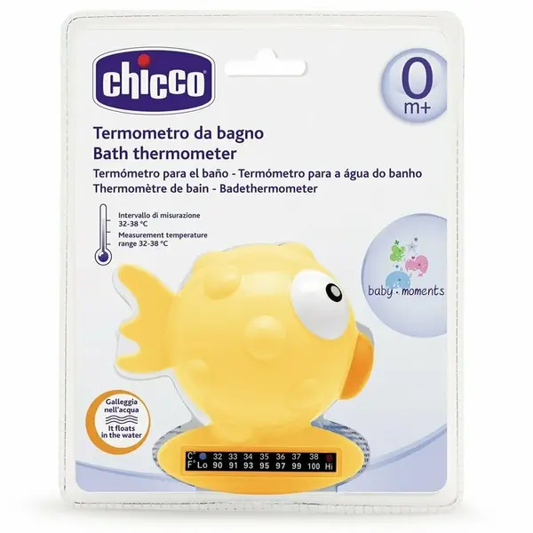 Termometru de baie pestisor, Chicco, Cu banda termosensibila, Plutitor, Interval masurare 32-40 grade Celsius, Utilizabil si ca jucarie de baie, 0 luni+, Portocaliu