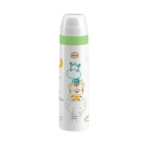 Termos lichide, Chicco, Mentine temperatura 5 h, Capacul utilizabil ca si canuta, Din otel inoxidabil, durabil, Design cu animalute, Alb