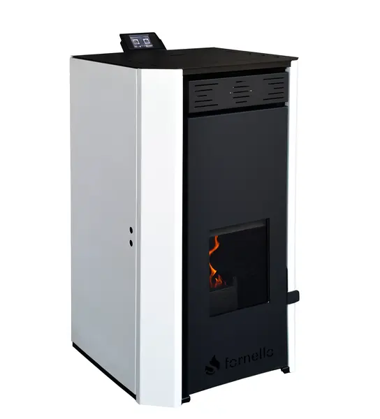 Termosemineu pe peleti Fornello EVA 18 KW, pompa circulatie, vas expansiune, WI-FI, buncar, tiraj fortat, recomandat pentru 120 mp, Alb