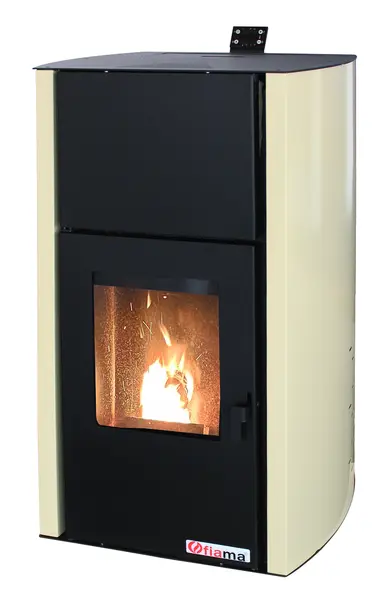 Termosemineu pe peleti Fornello Fiama Confort 12 kw, complet echipat pentru incalzire, pompa, vas expansiune, automatizare, buncar peleti 12 kg, tiraj fortat, culoare Crem, aprindere automata, pana la 80 mp
