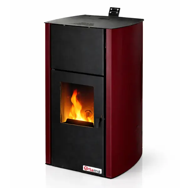 Termosemineu pe peleti Fornello Fiama Confort 25 kw, complet echipat pentru incalzire, pompa, vas expansiune, automatizare, buncar peleti 25 kg, tiraj fortat, culoare Bordeaux, aprindere automata, pana la 160 mp
