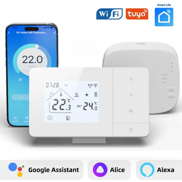 Termostat Inteligent BIRAI® EcoTherm WiFi, Programabil prin Tuya/Smart Life, Control Vocal Alexa & Google Home, Receiver Inclus, Alb