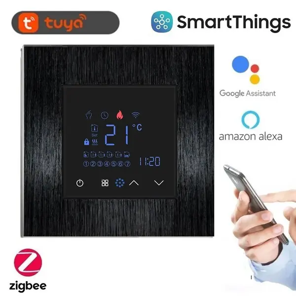 Termostat inteligent Zigbee pentru incalzire in pardoseala pe baza de apa, cu rama de aluminiu