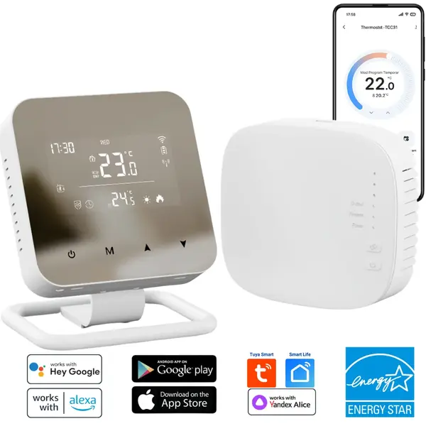 Termostat Smart WiFi BIRAI® MirrorTherm, Wireless, Control prin Telefon, Tuya, Alexa, Google Home, Receiver Inclus, Negru