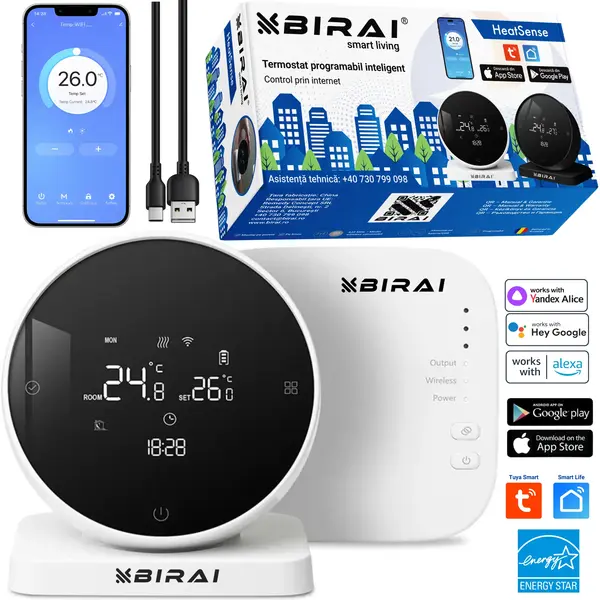 Termostat Smart WiFi Wireless BIRAI HeatSense, Control din Telefon, Compatibil Centrala Termica, Tuya, Google Home, Alexa, Receiver Inclus, Alb