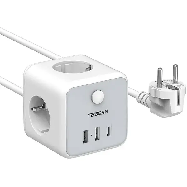Tessan Prelungitor tip cub Tessan TS-301-C, 3 prize, 2 X USB A, 1 X USB-C, cablu 1.5m