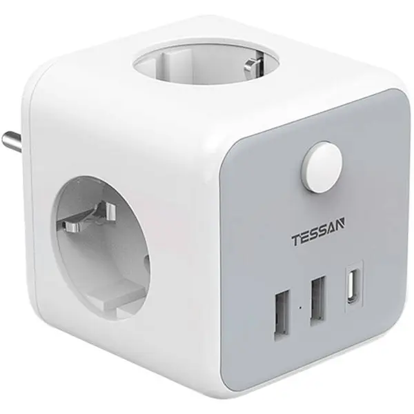 Tessan Prelungitor tip cub Tessan TS-301-DE-C, 3 prize si 3 porturi de incarcare USB, comutator Pornire /Oprire, Alb
