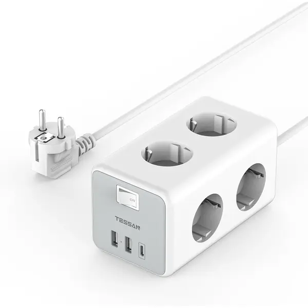 Tessan Prelungitor tip cub Tessan TS-306-C, cu intrerupator, 6 prize, 2 USB-A, 1 USB-C, 3A, 3600W, 16A, cablu 2m