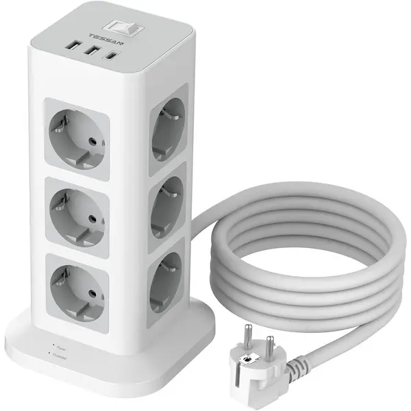 Tessan Prelungitor tip Turn Tessan TPS04-DE, cu intrerupator, 12 prize, 3 USB, 1 USB-C, 3A, protectie la supratensiune 1700J, 2500W, 10A, cablu 2m
