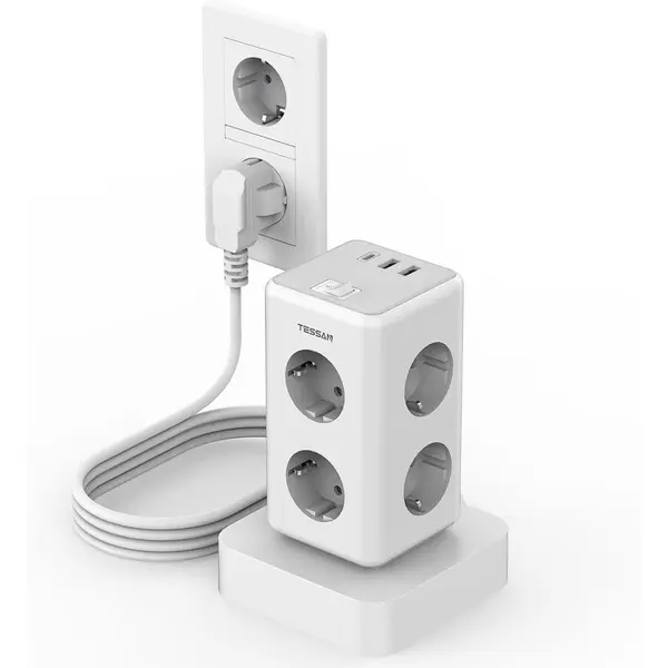 Tessan Prelungitor tip Turn Tessan TS-306TS-C, cu intrerupator, 6 prize, 2 USB-A, 1 USB-C, 3A, 2500W, 10A, cablu 2m