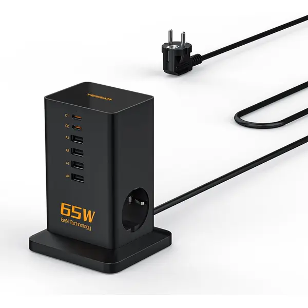 Tessan Prelungitor tip Turn Tessan , ZTS-FS02DE00, 2X USB-C, 4x USB, 2 prize, incarcare rapida USB-C 65W, 2m, negru