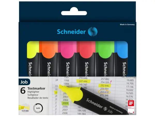 Textmarker cu varf tesit,model Schneider Job,6 bucati set