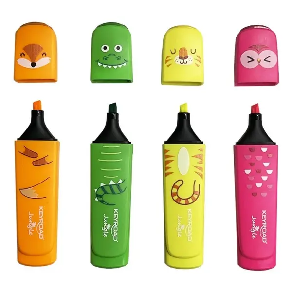 Textmarker Keyroad Jungle, varf tesit, pentru copii, set 4 culori fluorescente (galben, verde, orange, roz)