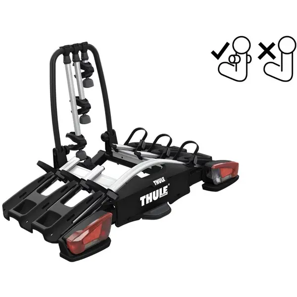 Thule Suport pentru 3 biciclete, Thule VeloCompact F cu prindere pe carligul de remorcare de tip FIX4BIKE, Negru-Gri