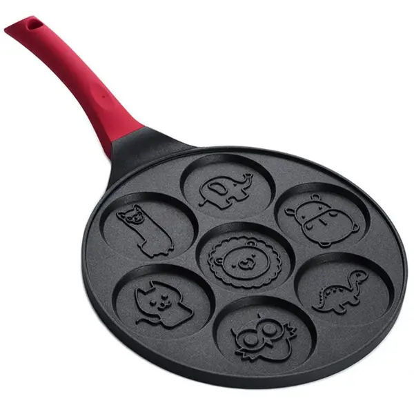 Tigaie Clatite NewEvo, 7 Forme Animale, Din Aluminiu cu Acoperire Antiaderenta, Diametru Tigaie 26cm, Diametru Clatita 7.5, Negru