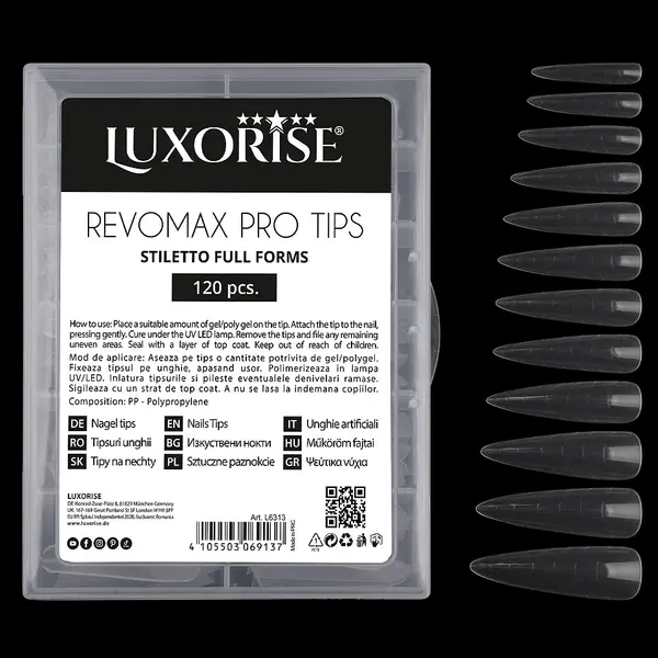 Tipsuri Reutilizabile Polygel & Gel REVOMAX PRO TIPS LUXORISE Stiletto Full Forms, 120 buc