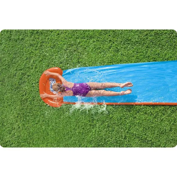 Tobogan cu apa pentru 1 persoana Bestway H2O GO Tsunami Splash Ramp Albastru, Lungime 488 cm, Conectare la furtun, Aspersoare incorporate, Punct start si finish gonflabile, Patch de reparare inclus