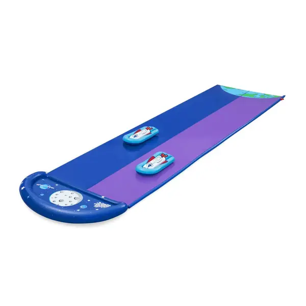 Tobogan cu apa pentru 2 persoane Bestway H2O Go,Lungime 488 cm, 2 Piste, Conectare la furtun, Aspersoare incorporate, Punct finish gonflabil, Patch de reparare inclus