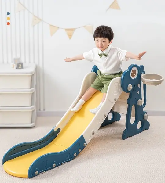Tobogan pentru copii Nichiduta Garden Dinosaur Green, cu mini-cos de Baschet si joc de precizie cu inele, prevazut cu scara, manere de sustinere, design pliabil, dimensiune 150 x 67.5 cm